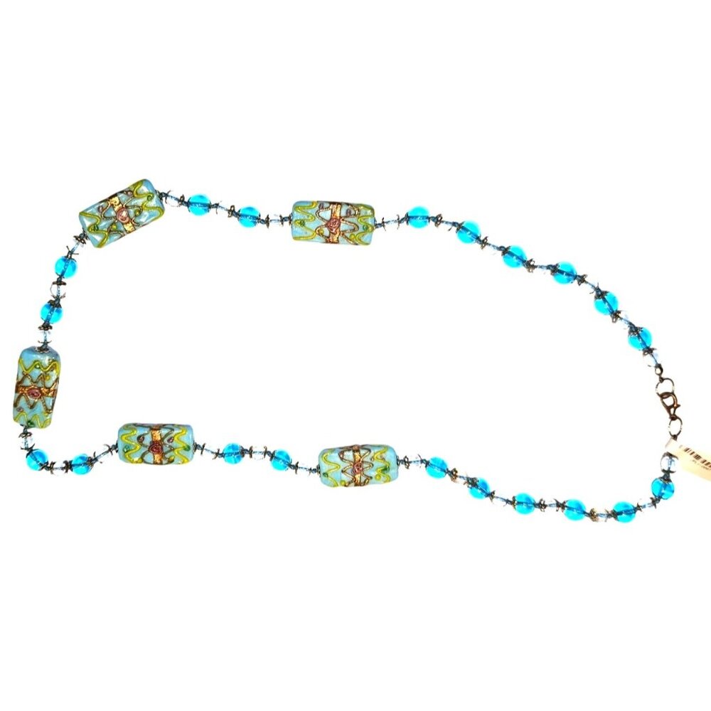 Necklace Art Glass Beaded Handcrafted Blue & Green Lobster Clasp 12"